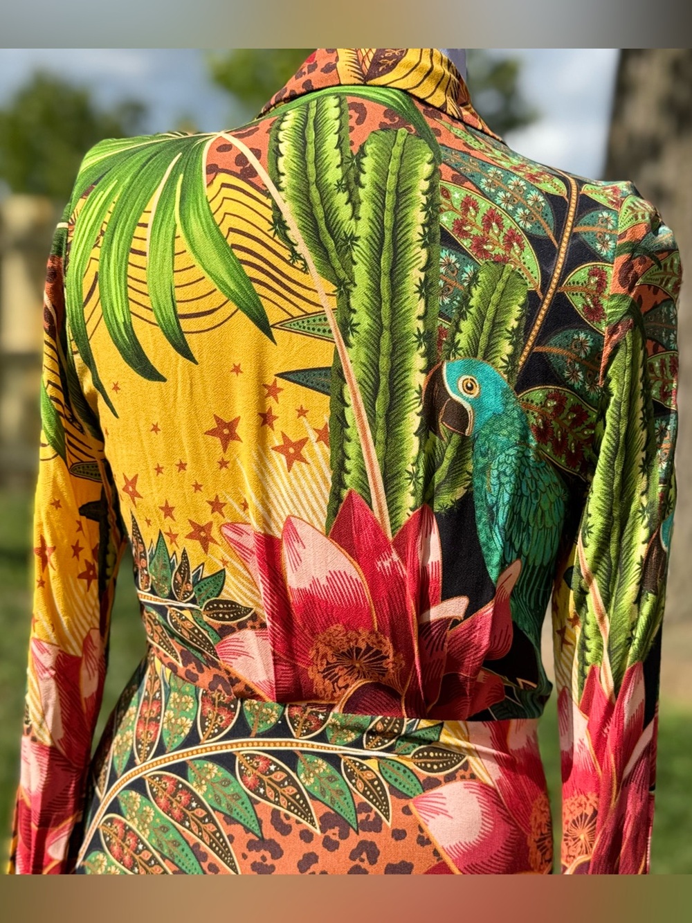 Farm Rio Tropical jungle print long sleeve V-neck maxi dress boho resort - Picture 10 of 13